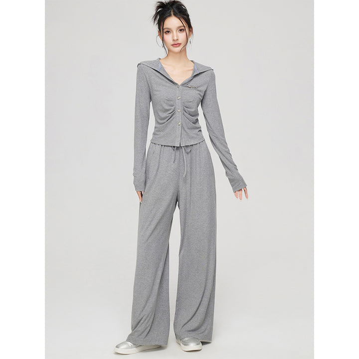 MacyMccoy Pleated Draped Knit Short Top And Wide-Leg Pants Set Gray