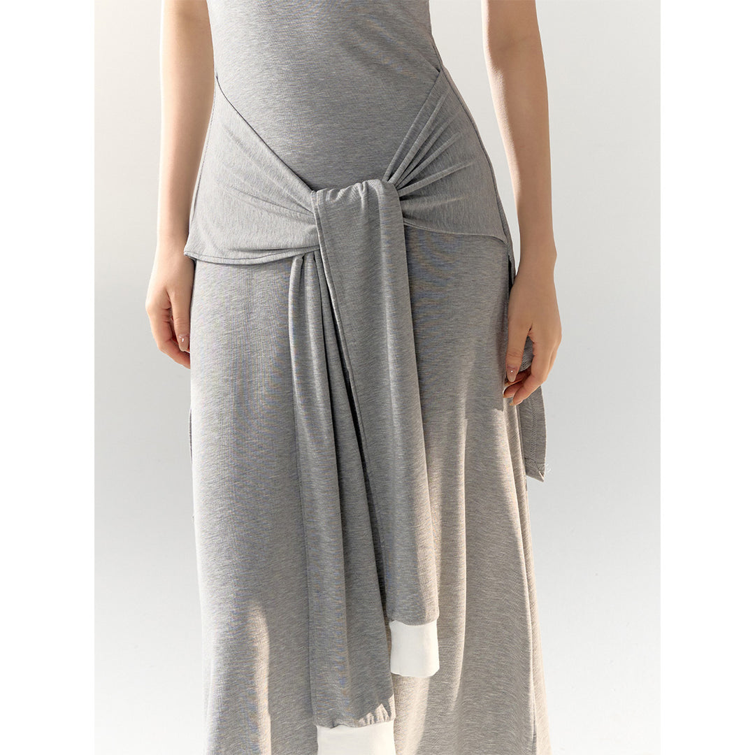 AsGony Fake-2-Piece Strap Knit Vest Long Dress Gray