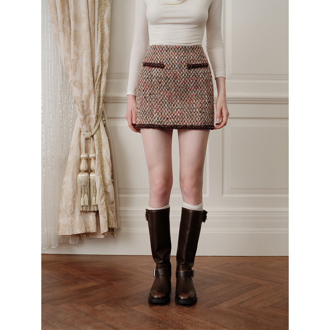 Rocha Roma Hand-Edge Drilled Tweed Skirt Brown