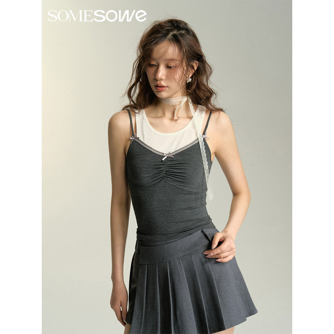 SomeSowe Contrast Color Layered Pleated Vest Top Gray