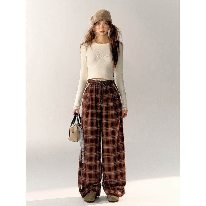 AsGony Retro Plaid High Waist Wide-Leg Pants Brown