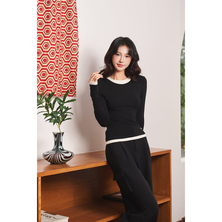 Three Quarters Hotfix Logo Fake-2-Piece Mousse Cashmere Top Black