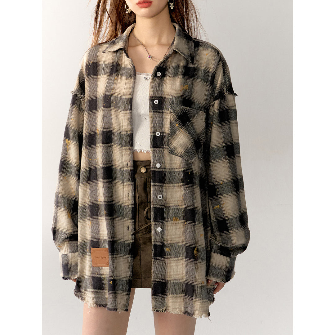 AsGony Retro Raw Edge Distressed Plaid Shirts Black