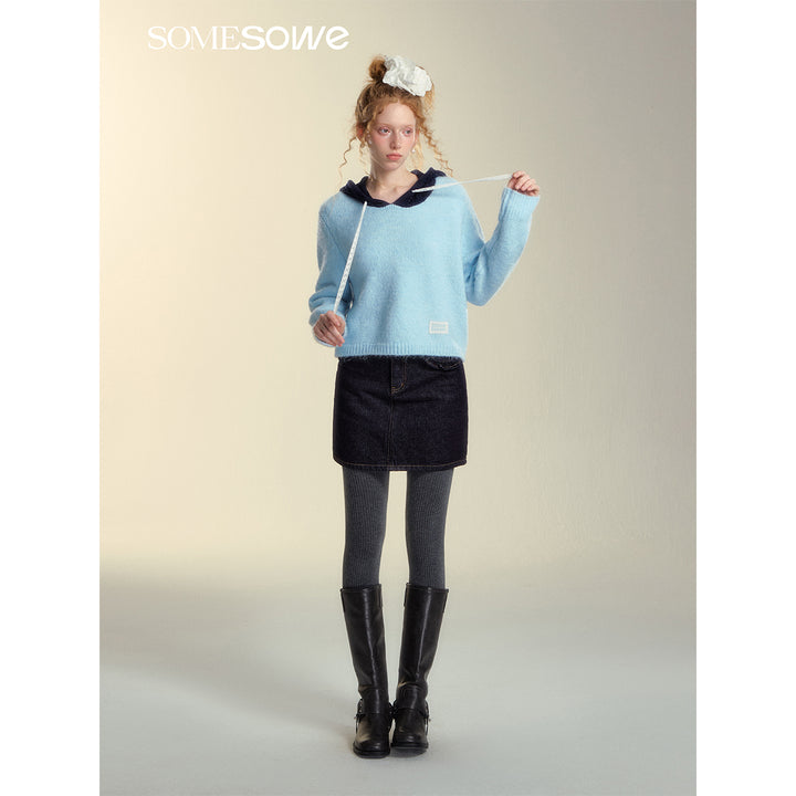 SomeSowe Hollow Out Hooded Knit Sweater Light Blue