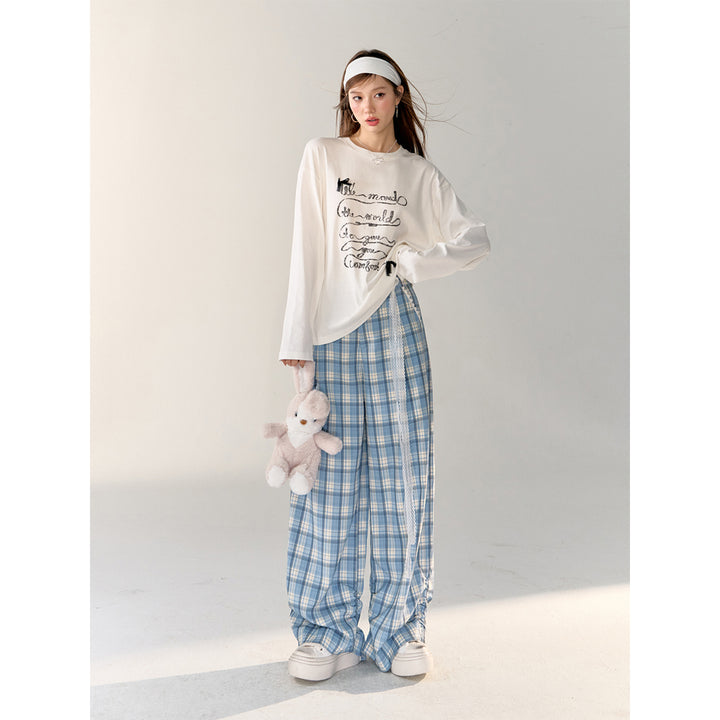 AsGony Lace Edge Plaid Casual Straight-Leg Pants Blue