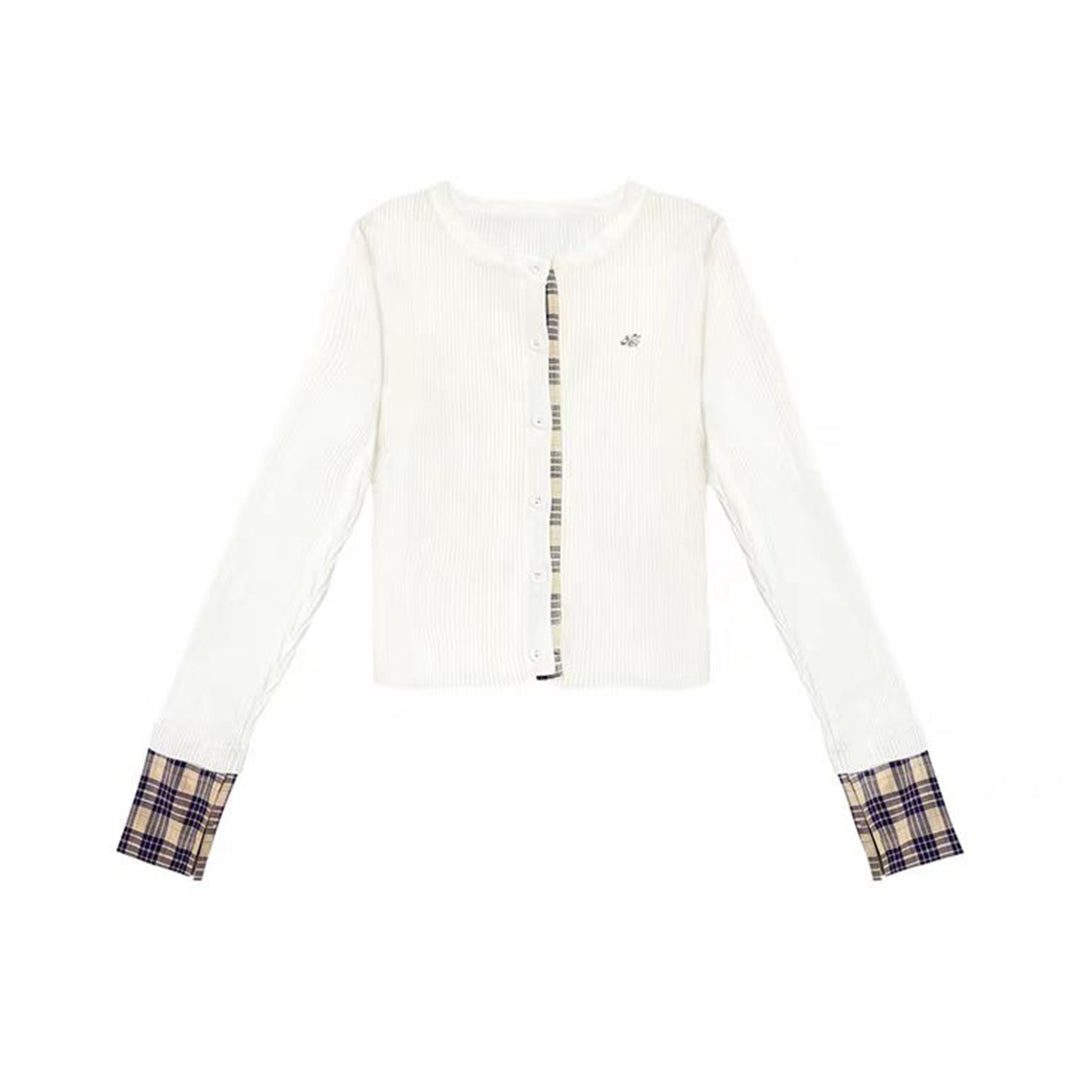 AsGony Retro Plaid Patchwork Slim Knit Cardigan White