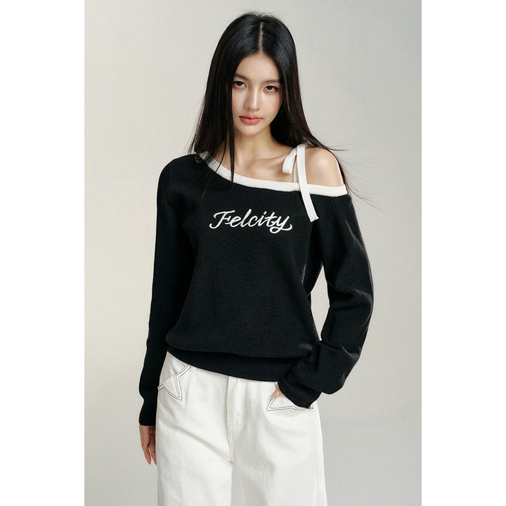 MacyMccoy Color Blocked Lace Up Off-Shoulder Sweater Black