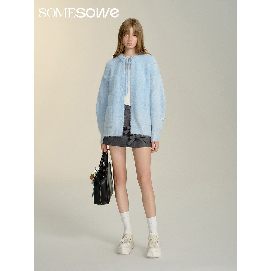 SomeSowe Silhouette Lace Up Furry Cardigan Blue