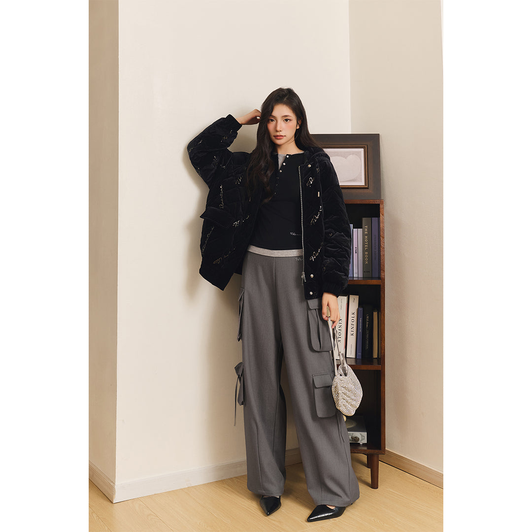 Three Quarters Loose Wide-Leg Cargo Pants Gray