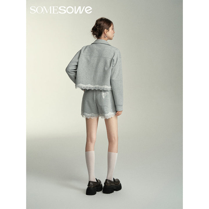 SomeSowe Lace Edge Casual Top Jacket Grey