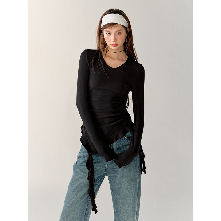 AsGony Irregular Ribbon Waisting Slim Top Black