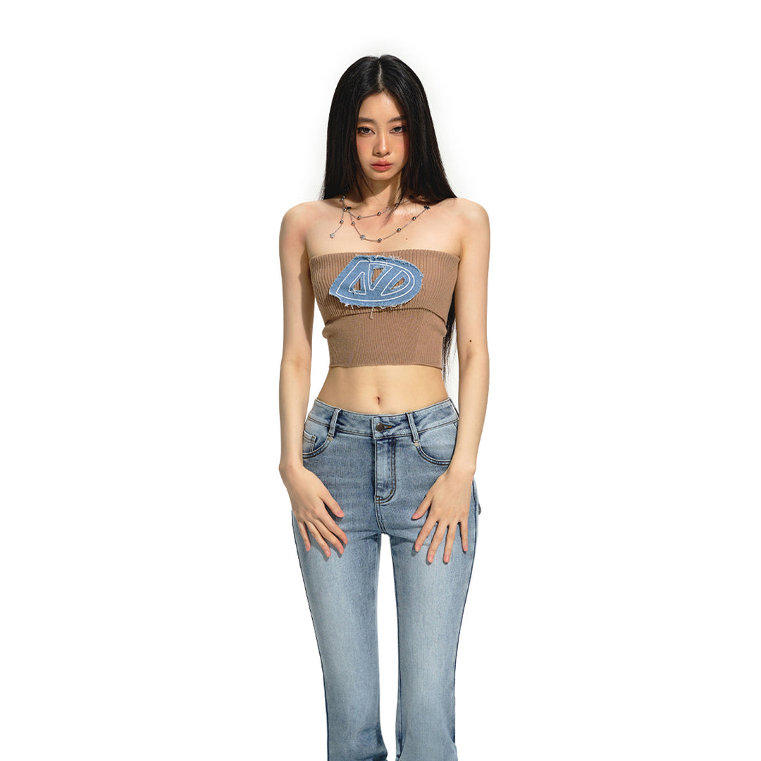 NAWS Embroidered Denim Logo Knit Tube Top Vest Brown