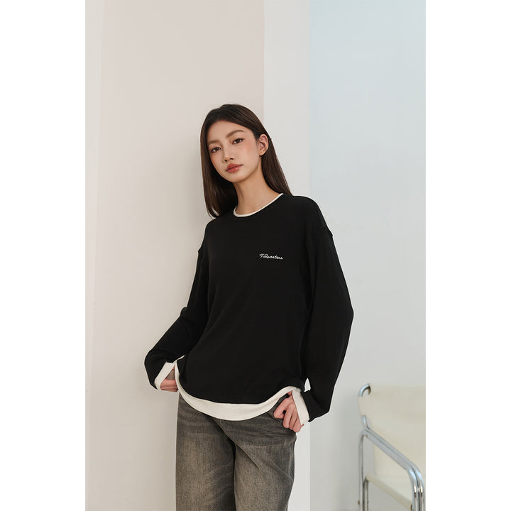 Three Quarters Fake-2-Piece Mousse Cashmere Loose Top Black