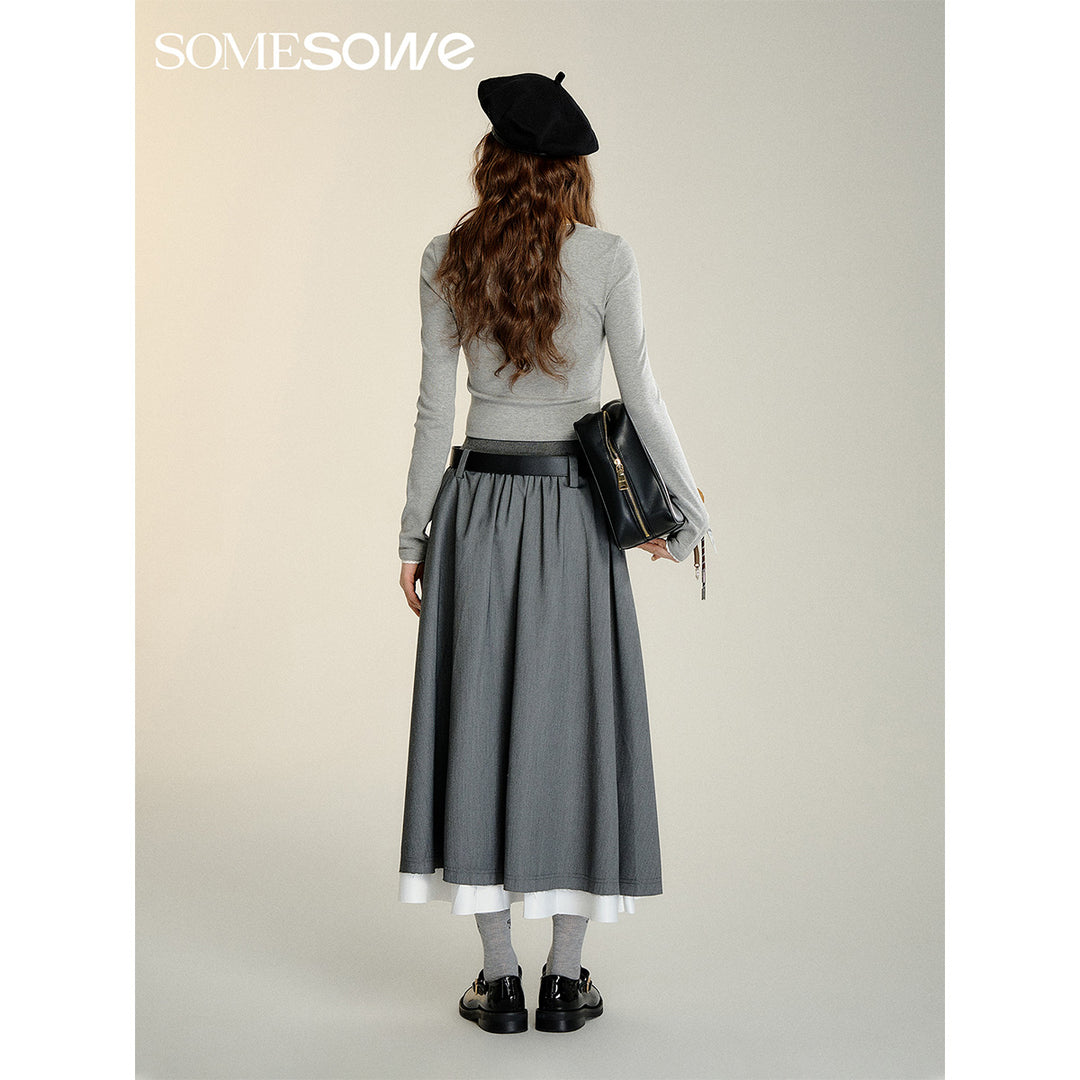 SomeSowe Fake-2-Piece Pleated Elastic-Waist Skirt