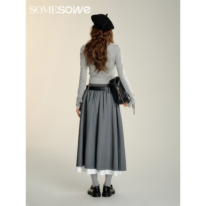 SomeSowe Fake-2-Piece Pleated Elastic-Waist Skirt