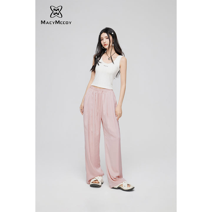 MacyMccoy Ice Silk Drawstring Wide-Leg Pants Pink