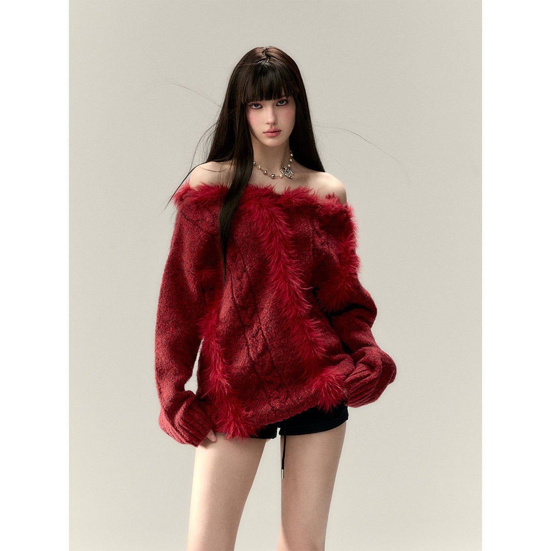 Via Pitti Off Shoulder Fur Integrated Knit Sweater Red