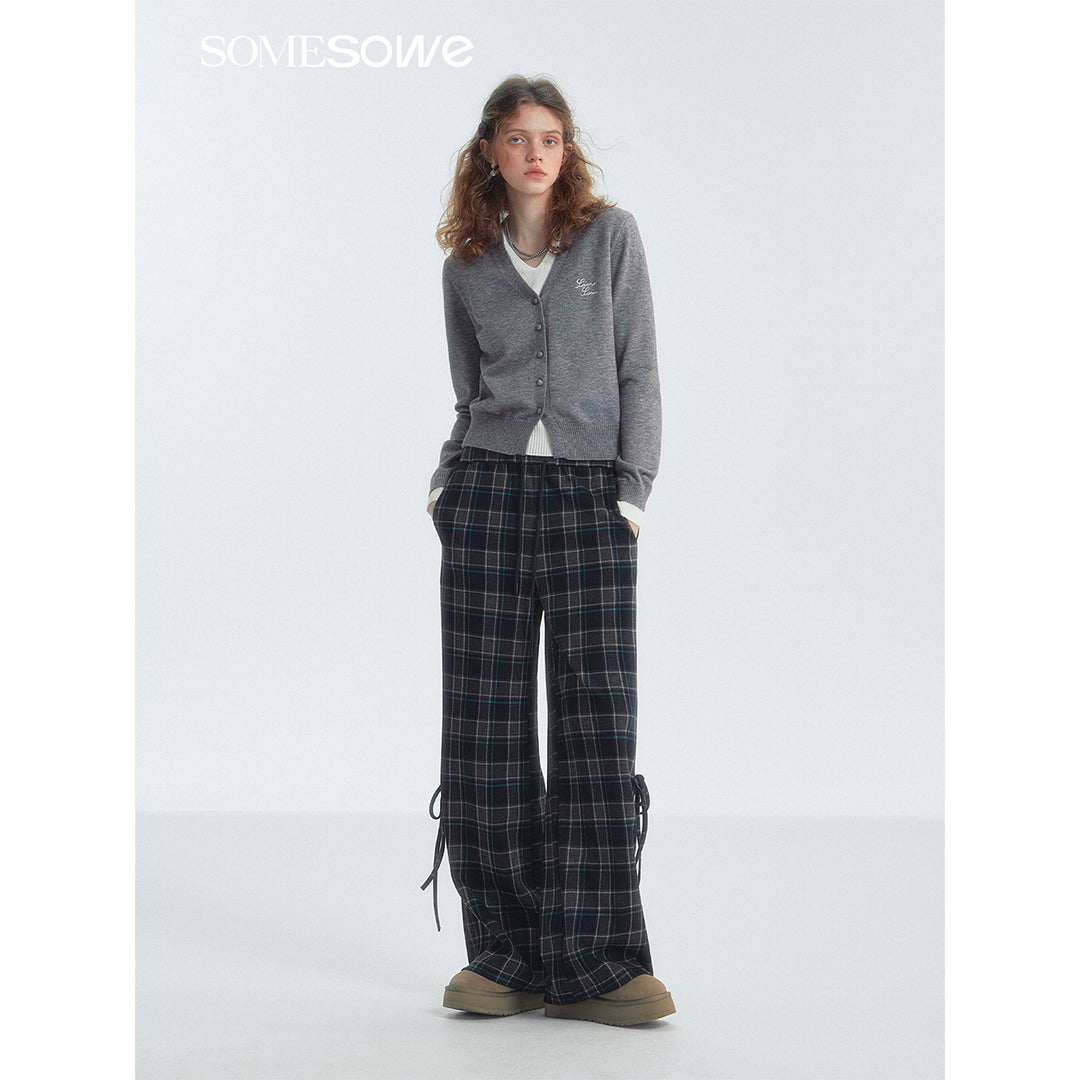 SomeSowe Bow Drawstring Plaid Wide-Leg Pants Blue