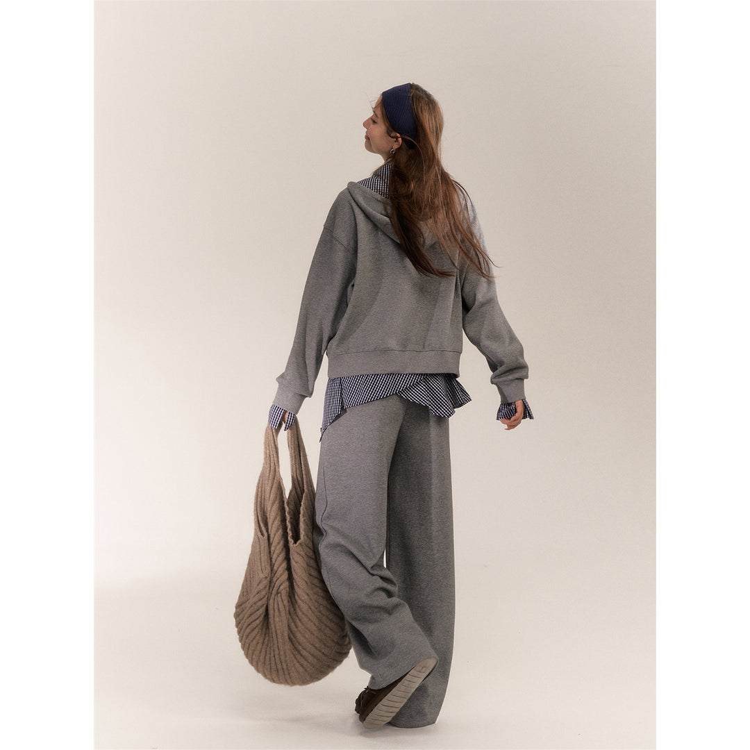 AsGony Fake-2-Piece Plaid Patchwork Casual Sweat Pants Gray