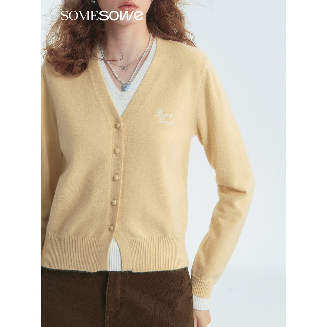 SomeSowe Fake-2-Piece V-Neck Knit Cardigan Yellow