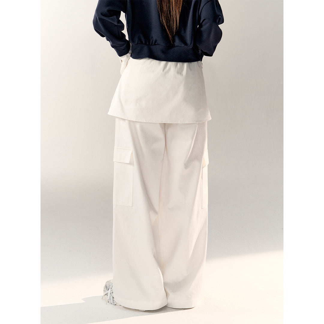 AsGony Fake-2-Piece Wide-Leg Casual Cargo Pants White