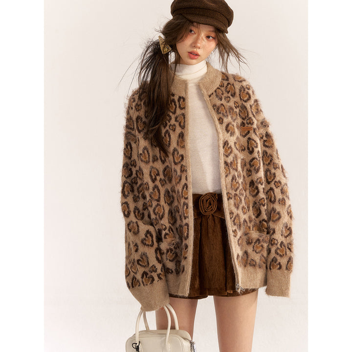 AsGony Blended Woolen Retro Leopard Knit Cardigan Brown