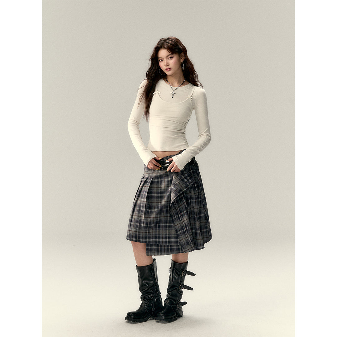 Via Pitti Irregular Plaid Loose Skirt Gray