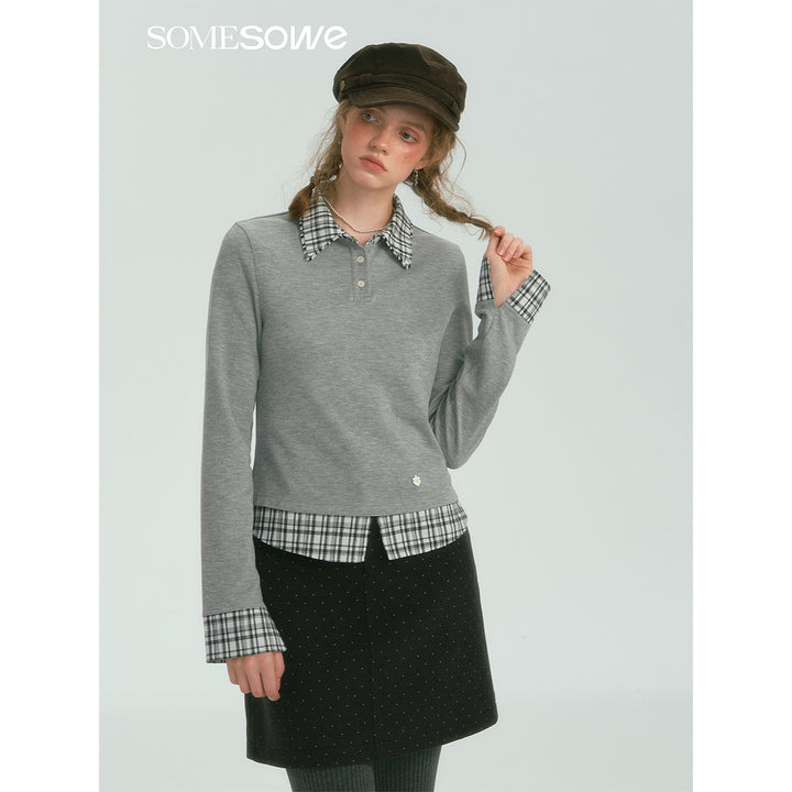 SomeSowe Plaid Patchwork Long Sleeve Polo Top Gray