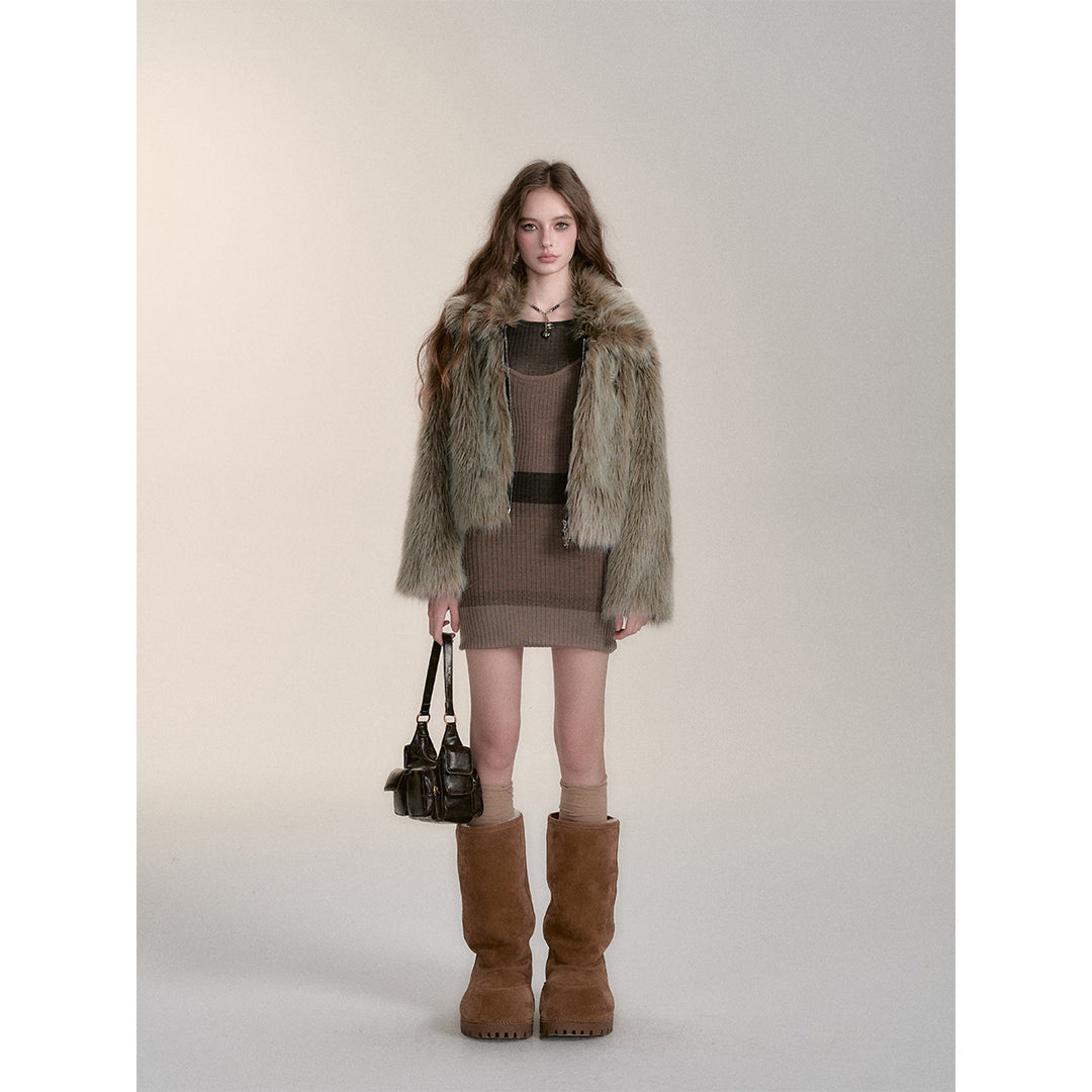 Via Pitti Eco-Fur Short Lapel Jacket Olive Green