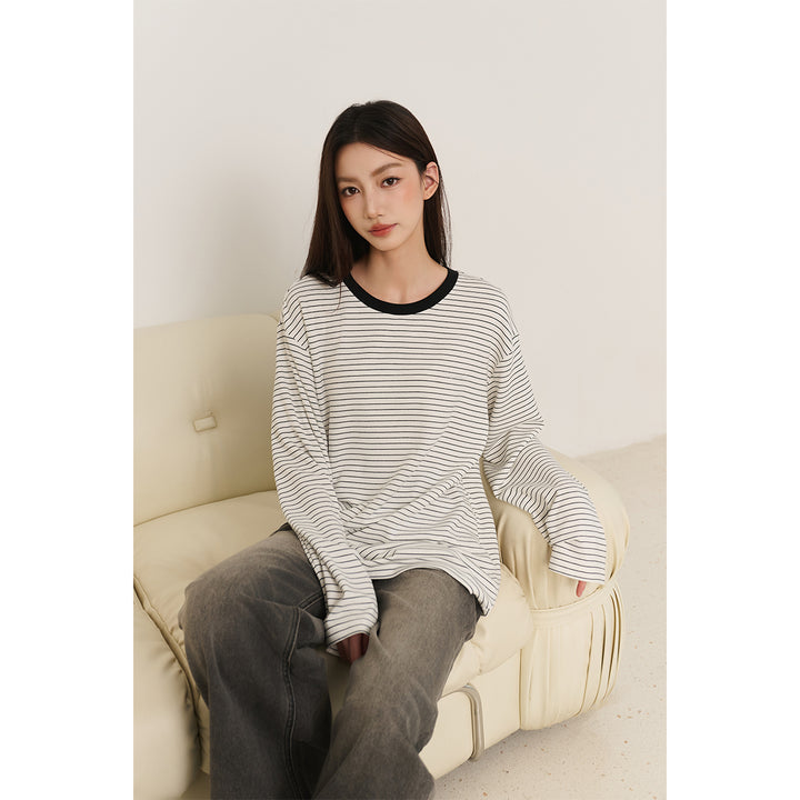 Three Quarters Hotfix Logo Striped Mousse Cashmere L/S Tee White