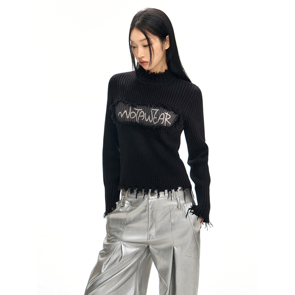 NotAwear Destroy Embroidery Logo Slim Knit Top Black - Mores Studio