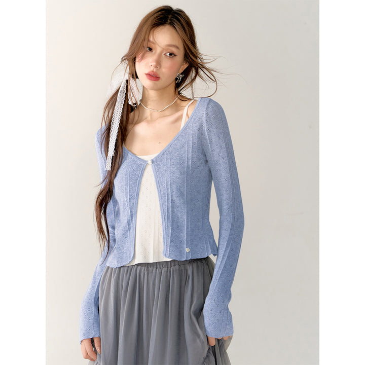 AsGony Contrast Color Fake-2-Piece Slim Cardigan Blue