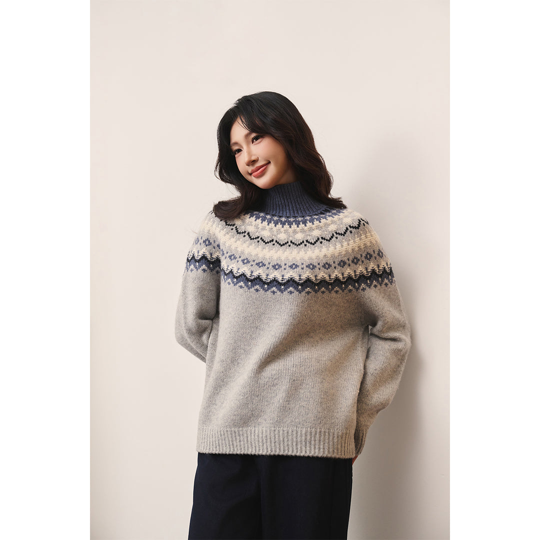 Three Quarters Fair Isle Jacquard Color Contrast High Collar Sweater Gray