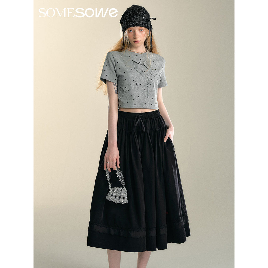 SomeSowe Lace Patchwork Casual Umbrella Skirt Black