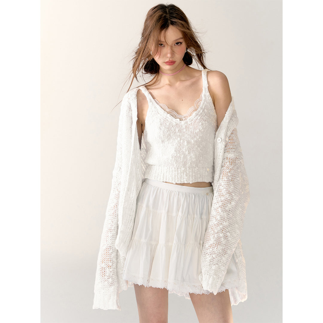 AsGony Lace Patchwork Knit Cardigan White