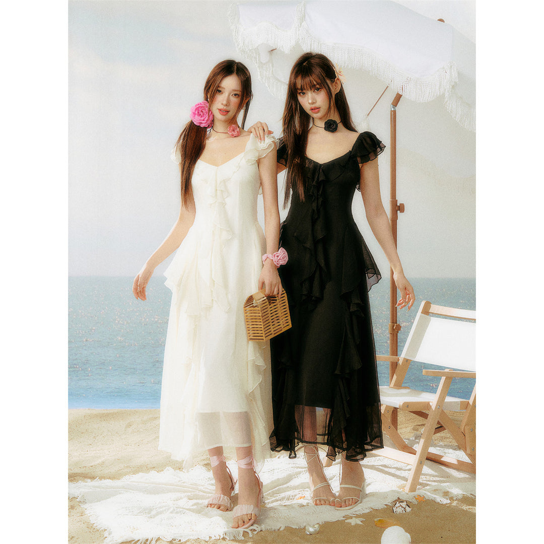 AsGony Ruffled Patchwork Slip Long Dress Black