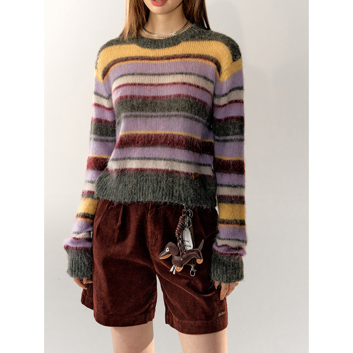 AsGony Contrast Color Striped Knit Sweater Purple