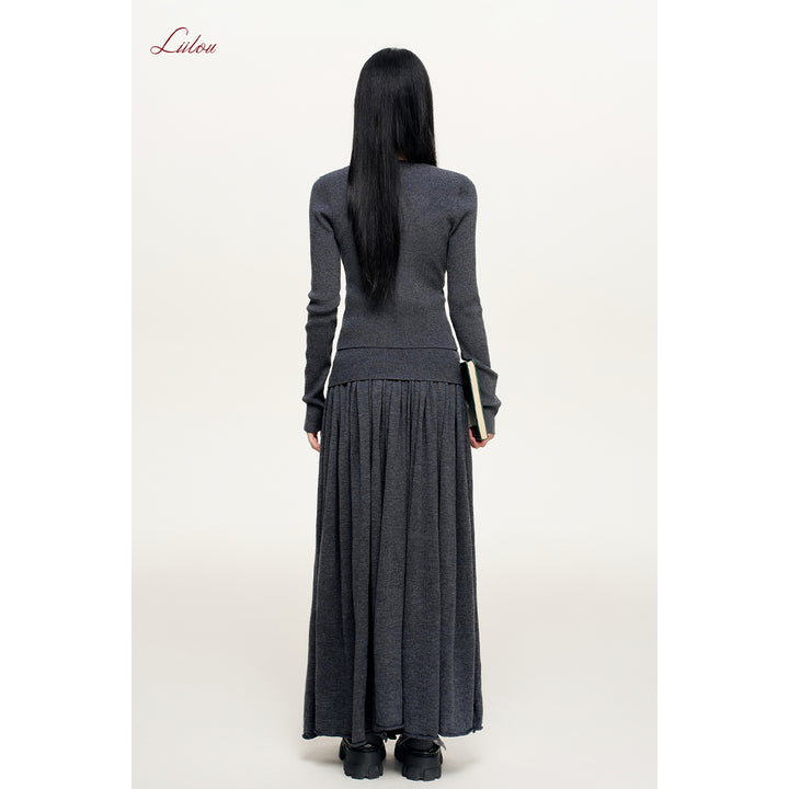 Liilou Draped Elastic-Waist Woolen A-Line Long Skirt Dark Gray