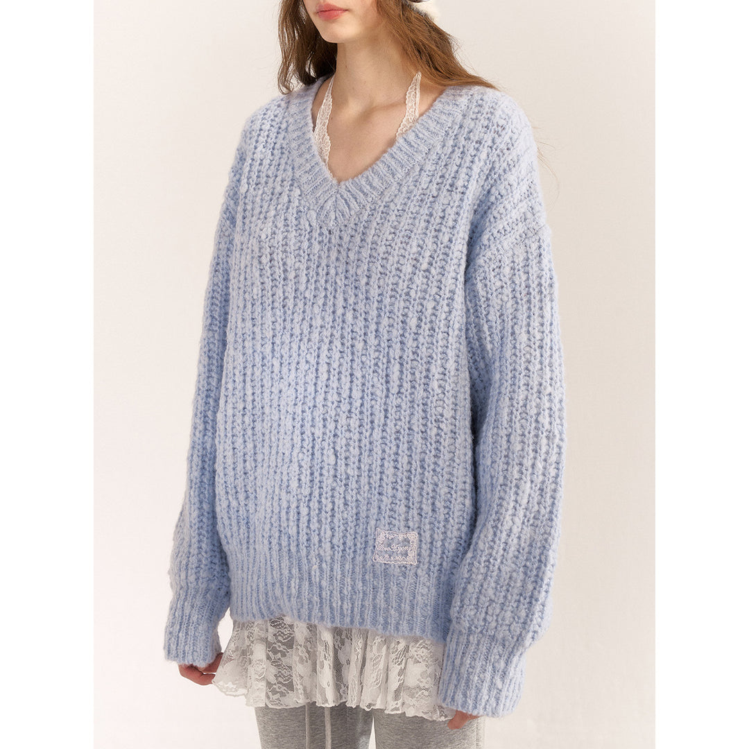 AsGony Blended Woolen V-Neck Knit Sweater Blue