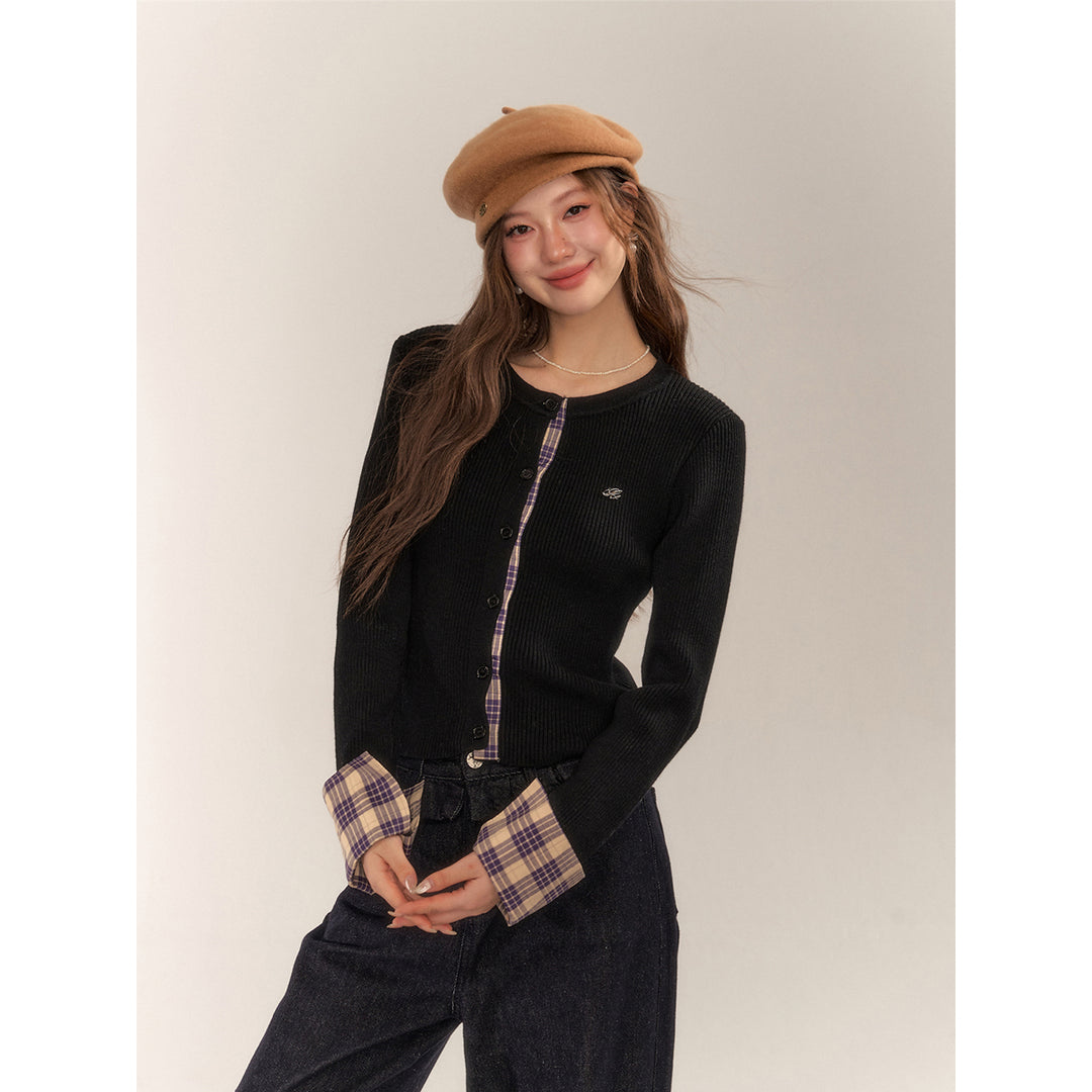 AsGony Retro Plaid Patchwork Slim Knit Cardigan Black