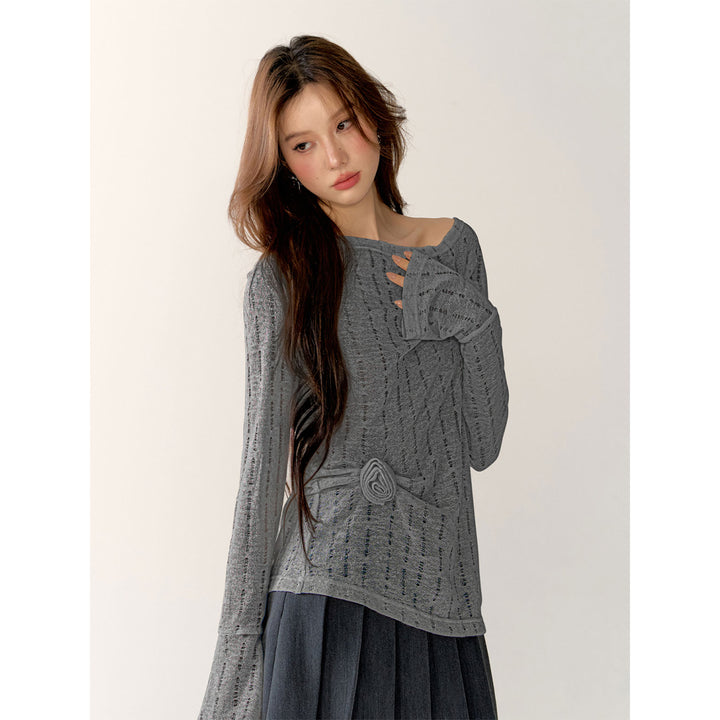 AsGony 3D Flower Hollow Cutting Knit Top Gray