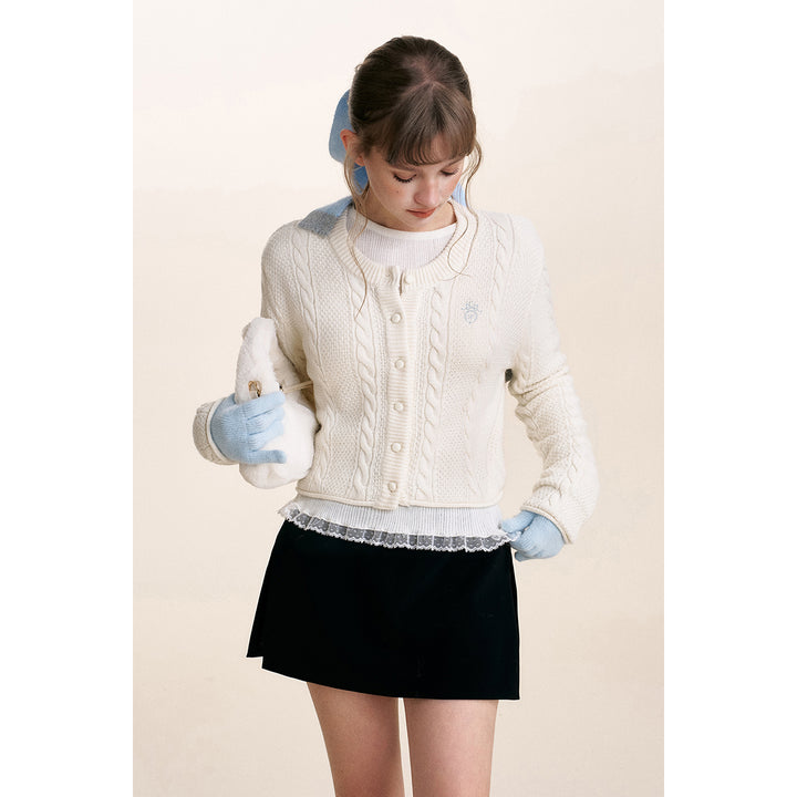 Kroche Blended Woolen Embroidery Twist Cardigan White