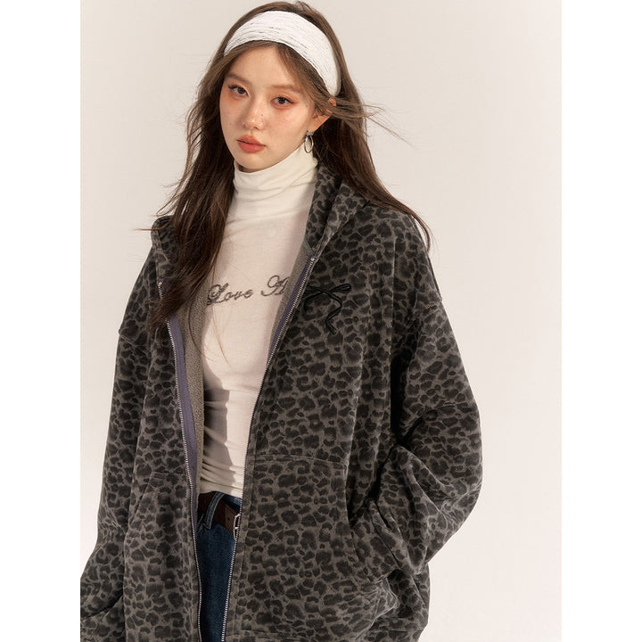 AsGony Leopard Bow Embroidery Hoodie Gray