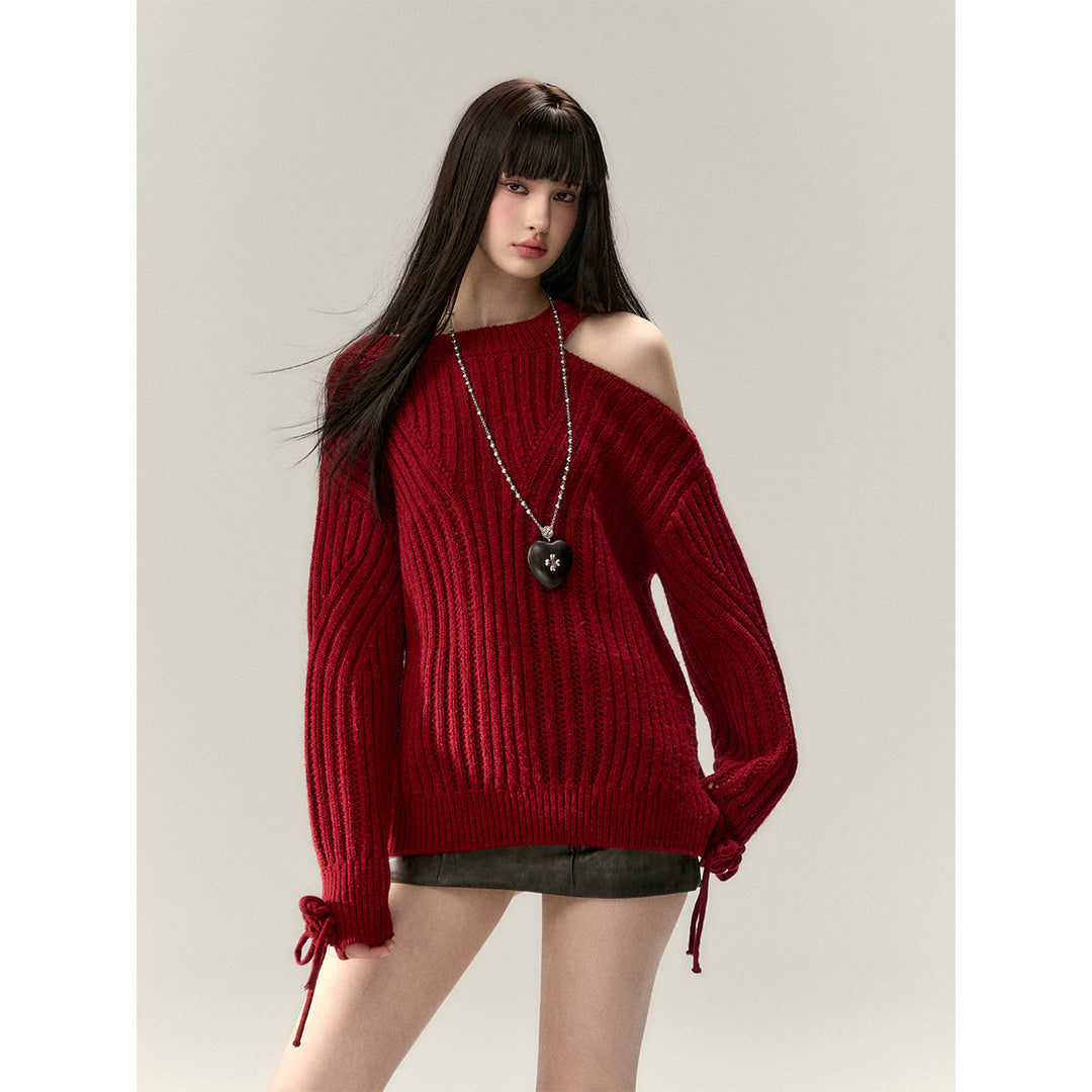 Via Pitti Rose Bow Irregular Collar Two-Way Sweater Red