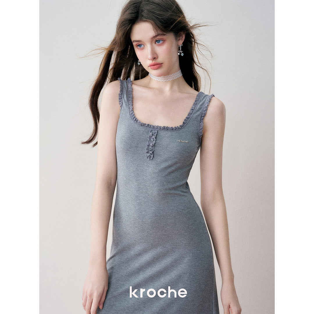 Kroche Lace Knit Sling Long Dress Gray