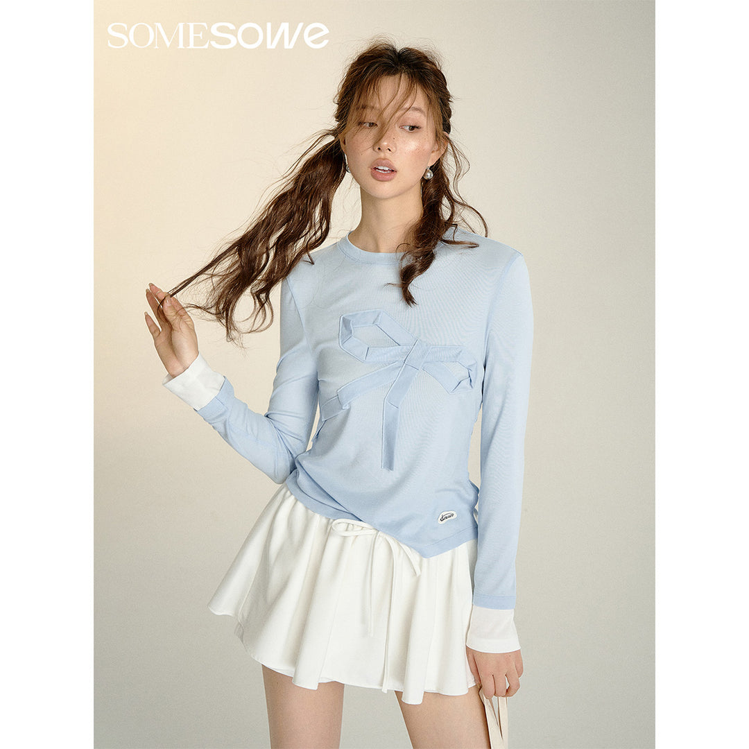 SomeSowe Origami Bow Color Blocked Top Blue