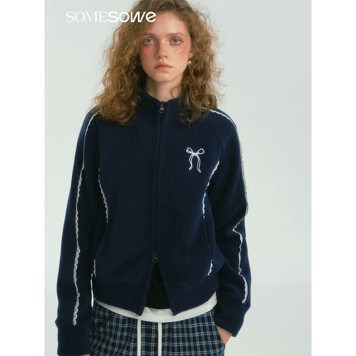 SomeSowe Lace Patchwork Fleece Jacket Navy Blue