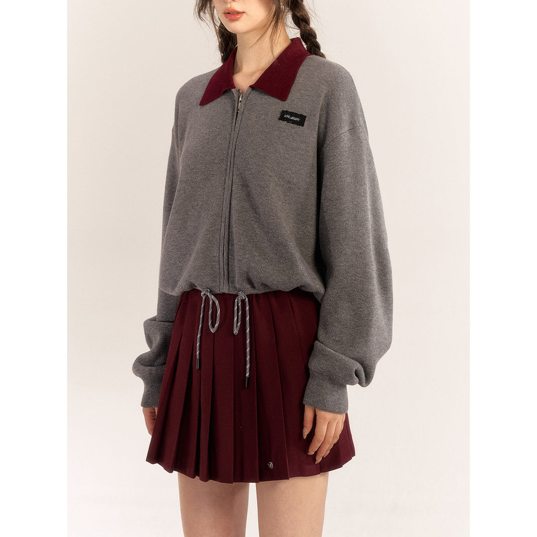 AsGony Contrast Color Drawstring Polo Knit Cardigan Gray