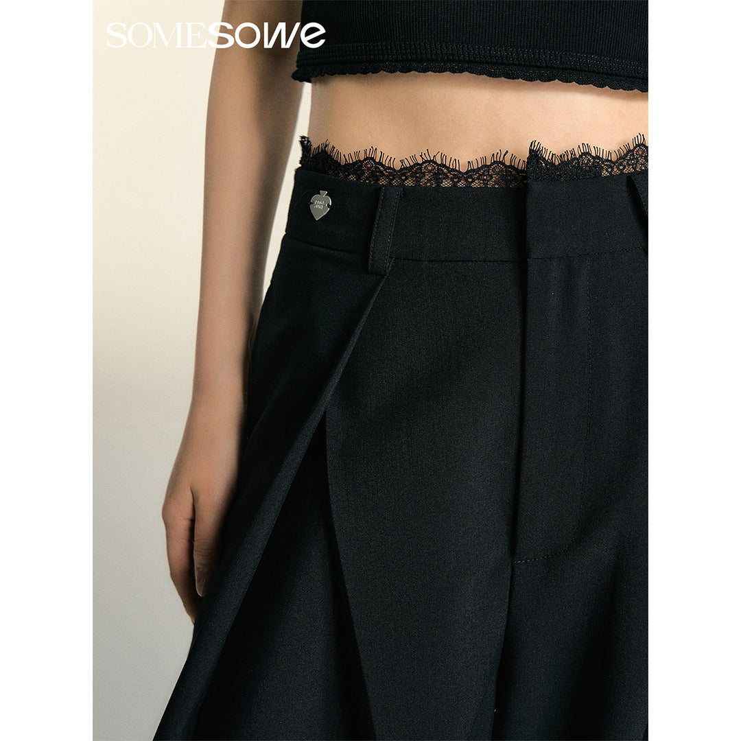 SomeSowe Lace Patchwork Pleated Suit Pants Black