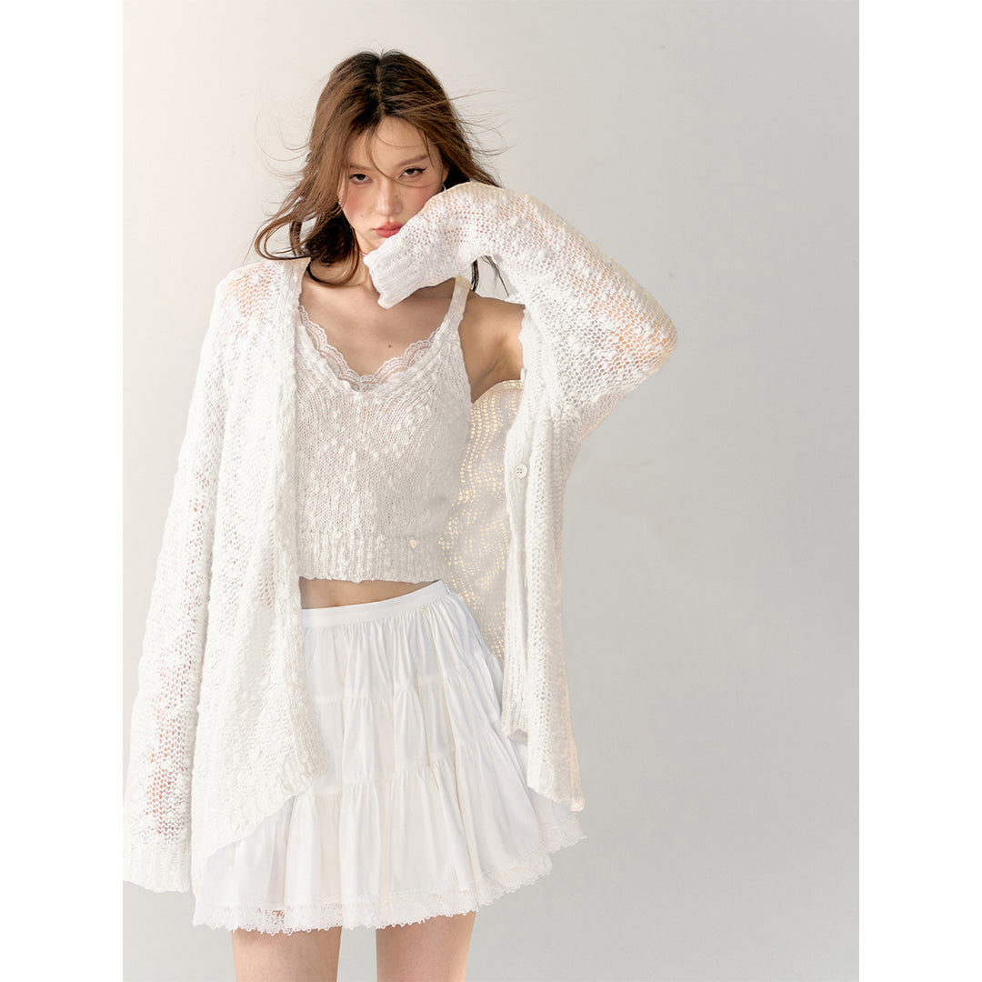 AsGony Lace Patchwork Knit Slip Vest White